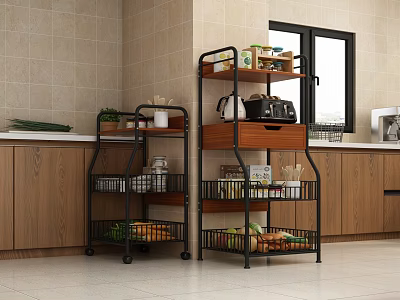 Kitchen Storage Rack With Metal Frame Wooden Shelves And Wheels For Vegetables Microwave 3d model
