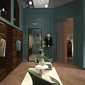 Clothing Store Interior With Teal Walls Reception Desk Hanging Clothes And Mannequin In Suit