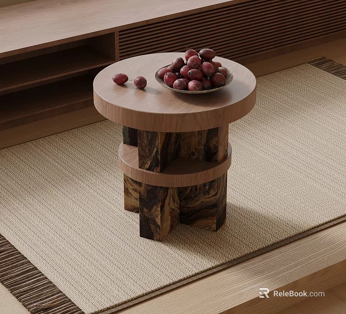 Minimalist Round Wooden Side Table With Irregular Legs Red Fruits On Beige Rug 3d model 