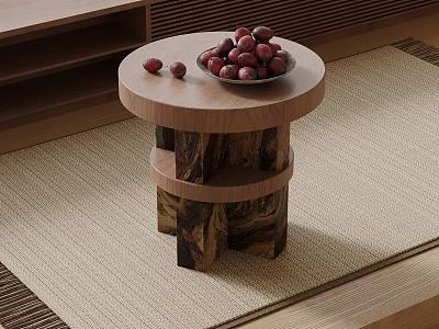 Minimalist Round Wooden Side Table With Irregular Legs Red Fruits On Beige Rug 3d model