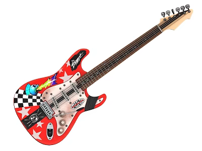 Artistic Electric Guitar With Red Body Graffiti Stickers Stars Lightning Bolts And Checkered Patterns 3d model