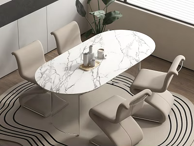 Modern Table and Chair Set with Oval Marble Tabletop and Beige Chairs on Patterned Rug 3d model