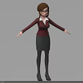 3D Female Character In Professional Attire Red Blazer White Shirt Gray Skirt Glasses Arms Outstretched