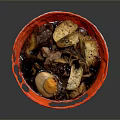 Delicious Dark Soup With Sliced Meat Half Marinated Egg And Croutons In Red Bowl