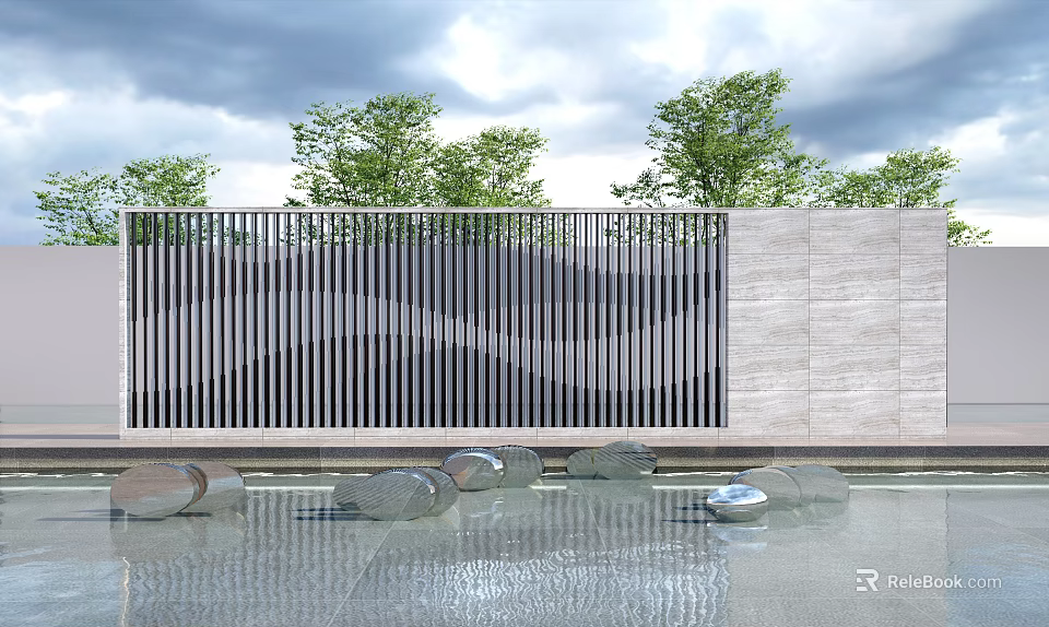 Modern Outdoor Feature Wall With Vertical Metal Slats Stone Panel And Surrounding Water Pool Greenery 3d model 