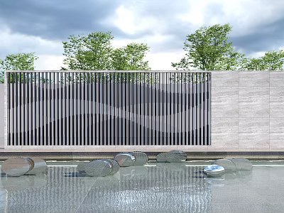 Modern Outdoor Feature Wall With Vertical Metal Slats Stone Panel And Surrounding Water Pool Greenery 3d model