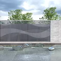 Modern Outdoor Feature Wall With Vertical Metal Slats Stone Panel And Surrounding Water Pool Greenery
