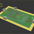Multi Sport Court With Green Surface Yellow Border Basketball Hoops Soccer Goals And Center Net