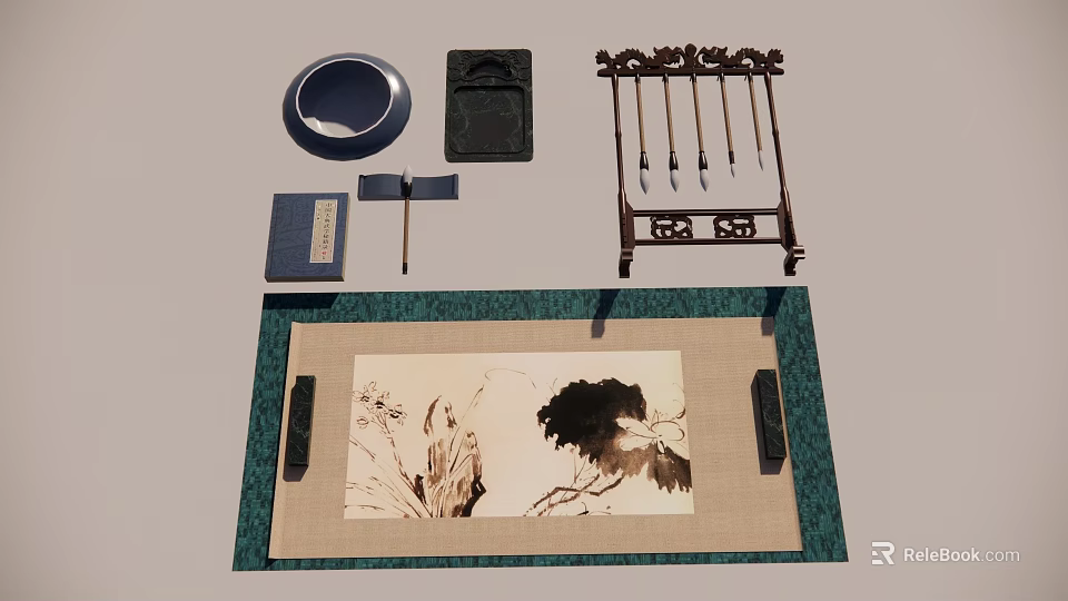 Chinese Traditional Wall Hanging Scroll With Ink Painting And Cultural Decorative Elements 3d model 