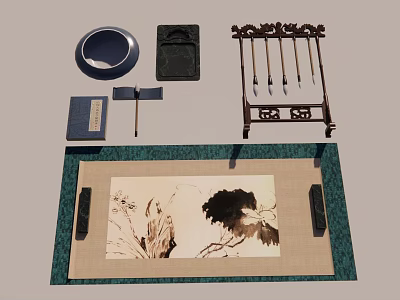 Chinese Traditional Wall Hanging Scroll With Ink Painting And Cultural Decorative Elements 3d model