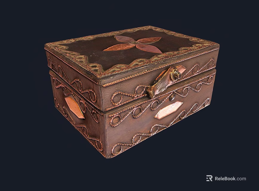 Vintage Carved Wooden Commercial Storage Box With Leaf Decoration And Metal Clasp 3d model 