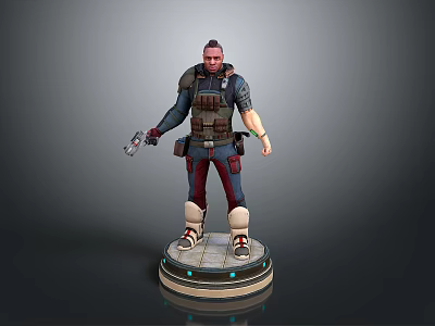 Male Character Model Standing With Tactical Vest Holding Gun On Circular Base With Glowing Edges 3d model