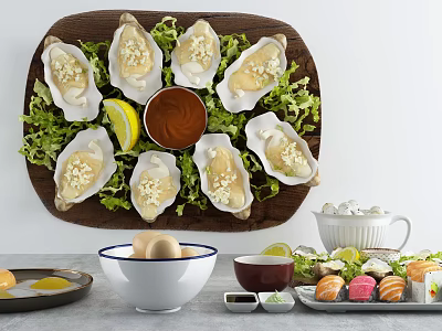 Garlic Topped Oysters with Lettuce Lemon Slices and Sauce on Wooden Platter and Assorted Sushi 3d model