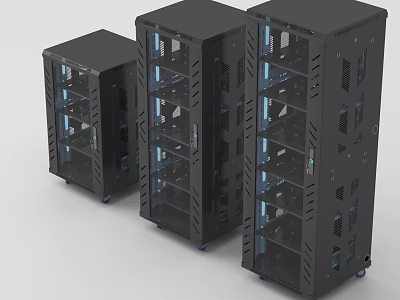 Industrial Equipment Three Black Server Racks With Glass Doors And Rolling Casters 3d model