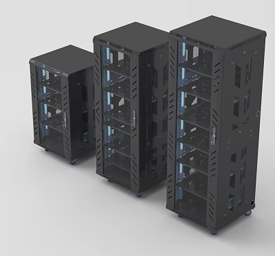 Industrial Equipment Three Black Server Racks With Glass Doors And Rolling Casters 3d model