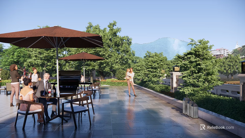 Courtyard Garden Leisure Area With Outdoor Umbrellas Tables Chairs Lush Green Plants And Distant Mountains 3d model 