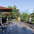 Courtyard Garden Leisure Area With Outdoor Umbrellas Tables Chairs Lush Green Plants And Distant Mountains