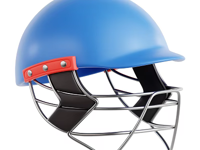 Protective Blue Cricket Helmet With Red Strap And Metal Grille Design 3d model
