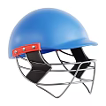 Protective Blue Cricket Helmet With Red Strap And Metal Grille Design