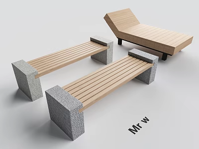 Outdoor Wooden Lounge Chair And Benches With Stone Legs Garden Design 3d model