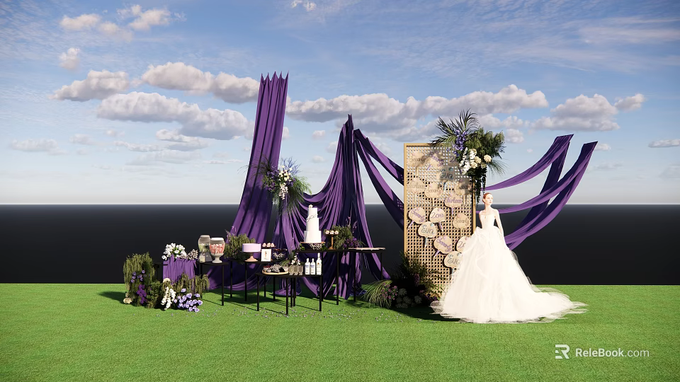 Outdoor Wedding Check In Area With Purple Drapes White Dress And Decorative Bouquets 3d model 