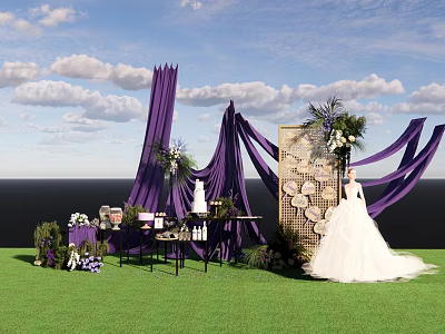 Outdoor Wedding Check In Area With Purple Drapes White Dress And Decorative Bouquets 3d model