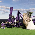 Outdoor Wedding Check In Area With Purple Drapes White Dress And Decorative Bouquets