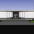 Modern Entrance Gate With White Panels Circular Design Decorative Tree Steps And Gray Pavement