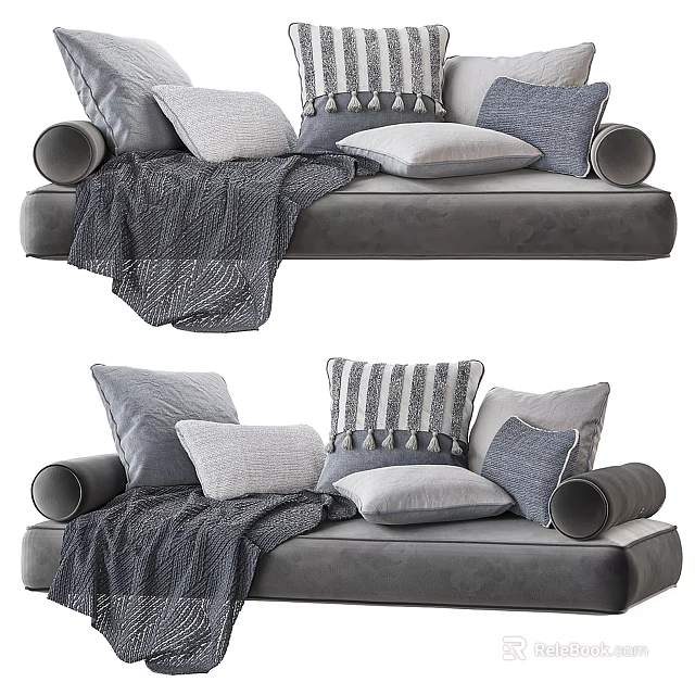 Gray Toned Throw Pillows With Striped And Geometric Patterns On Sofa With Soft Blanket 3d model 