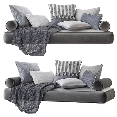 Gray Toned Throw Pillows With Striped And Geometric Patterns On Sofa With Soft Blanket 3d model
