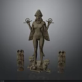Ancient Winged Human Figure Sculpture With Headdress Scepters Sphinx Creatures And Snakes