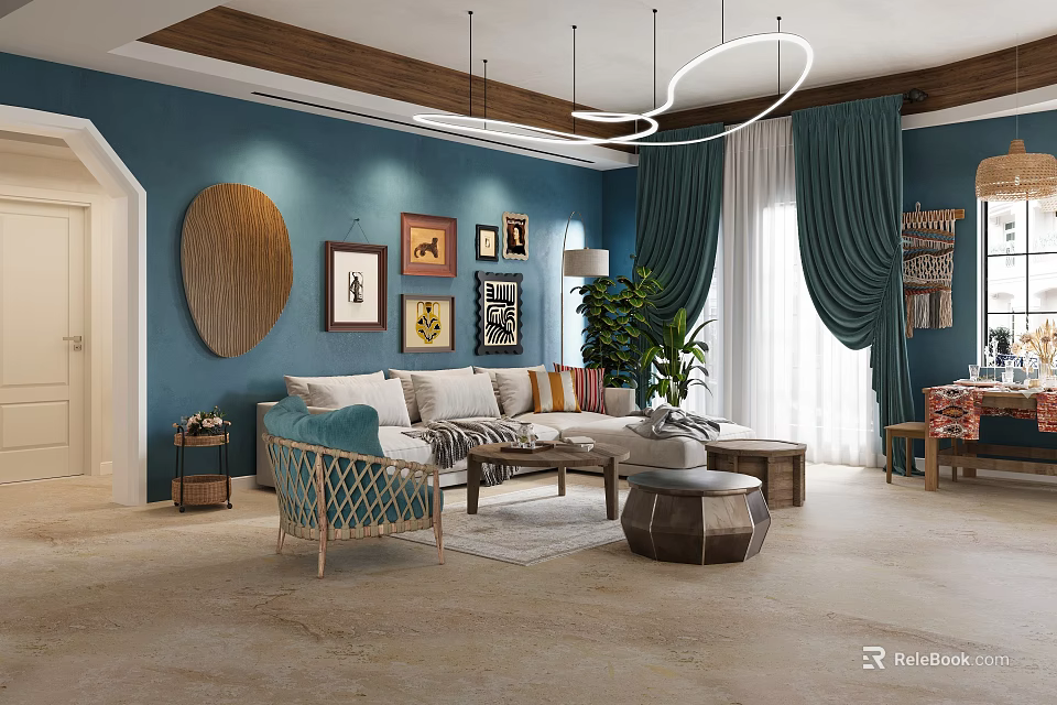 Stylish Retro Fabric Sofa And Wooden Coffee Table Combination For Cozy Beautiful Home Living Room 3d model 
