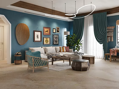 Stylish Retro Fabric Sofa And Wooden Coffee Table Combination For Cozy Beautiful Home Living Room 3d model