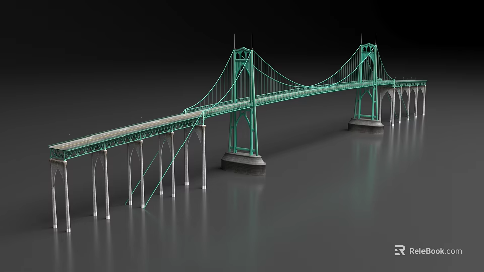 Green Suspension Bridge Structure Featuring Twin Towers Piers And Road Deck Over Water 3d model 