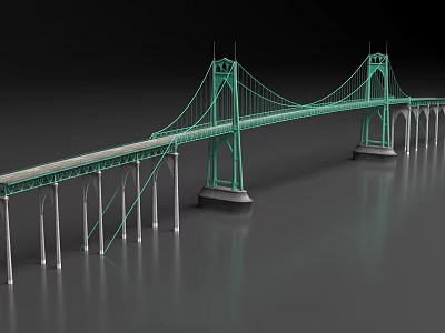 Green Suspension Bridge Structure Featuring Twin Towers Piers And Road Deck Over Water 3d model