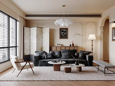 Stylish Living Room Interior Design With Black Sofa White Pendant Lamp And Decorative Room Divider 3d model