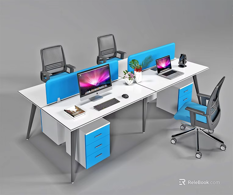 Modern Office Desk With Blue Dividers Computers Drawer Cabinets And Office Chairs 3d model 