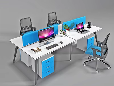 Modern Office Desk With Blue Dividers Computers Drawer Cabinets And Office Chairs 3d model
