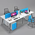Modern Office Desk With Blue Dividers Computers Drawer Cabinets And Office Chairs