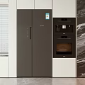Modern Kitchen Interior Design With Built In Dark Double Door Refrigerator And Oven