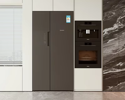 Modern Kitchen Interior Design With Built In Dark Double Door Refrigerator And Oven 3d model