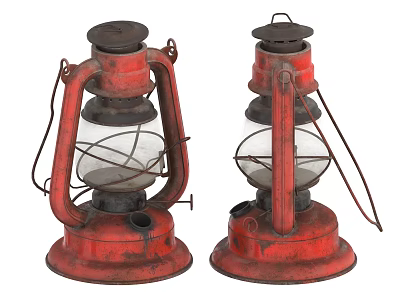 Two Red Vintage Oil Lamps With Rustic Metal Frames And Glass Shades 3d model