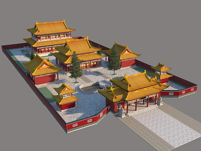 Ancient Chinese Architecture Complex With Yellow Roofs Red Walls Courtyard And Trees 3d model