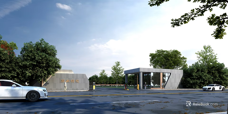 Modern Entrance Gate Building Structure With Glass Windows And Trees Along Road With Vehicles 3d model 