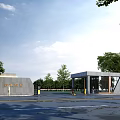 Modern Entrance Gate Building Structure With Glass Windows And Trees Along Road With Vehicles