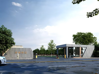 Modern Entrance Gate Building Structure With Glass Windows And Trees Along Road With Vehicles 3d model