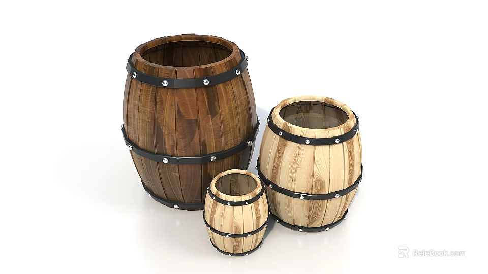 Three Wooden Barrels in Different Sizes with Metal Hoops and Rustic Design 3d model 