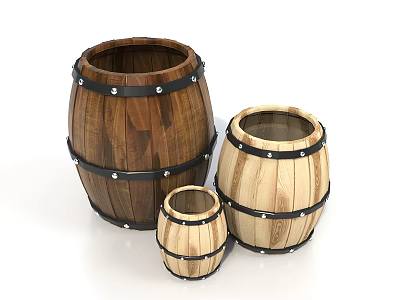 Three Wooden Barrels in Different Sizes with Metal Hoops and Rustic Design 3d model
