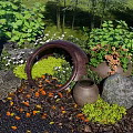 Tranquil Garden Landscape With Stone Lantern Circular Arch Clay Pots And Greenery 3d model