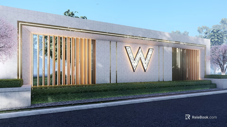 Modern Feature Wall With Stone Texture And Wooden Slats Featuring W Logo And Green Plants 3d model 